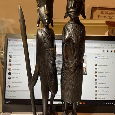 Vintage African Pair of Carved Ebony Wooden Figurines 12.75" Tall in VG Preowned Condition.
