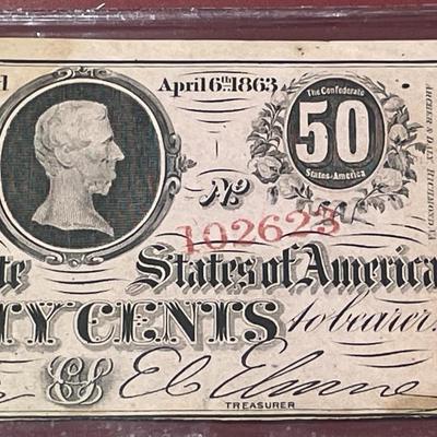 1863 50c Fifty Cent Note CSA Confederate States Richmond VA in Good Preowned Circulated Condition.