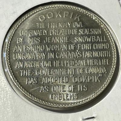 1963 Ookpik Owl Aurora Ontario Canada Government Emblem Fort Chimo Token in Good Condition.
