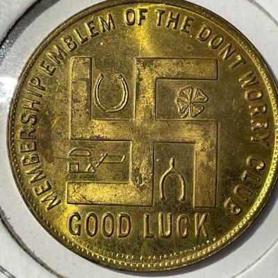 Worcester Salt~1920s Membership Don't Worry Club Swastika Advertising Token/Coin in Uncirculated Condition.