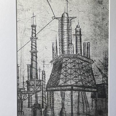 Vintage Mono Print "Factory I" Signed by the Artist Frame Size 12" x 15.75" as Pictured.