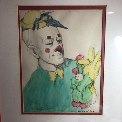 CORTLAND BUTTERFIELD Clown Hand Colored Lithograph/Print - Pencil Signed Frame Size 17" x 21" Preowned from an Estate.