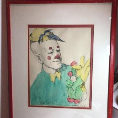 CORTLAND BUTTERFIELD Clown Hand Colored Lithograph/Print - Pencil Signed Frame Size 17" x 21" Preowned from an Estate.