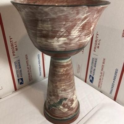 Vintage Scarce Redware Hand Painted Seagulls Pedestal Bowl w/Rattle/Bell Base 10.5" Tall Preowned from an Estate in VG Condition