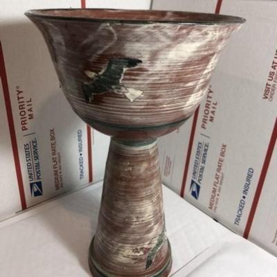 Vintage Scarce Redware Hand Painted Seagulls Pedestal Bowl w/Rattle/Bell Base 10.5" Tall Preowned from an Estate in VG Condition