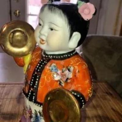 Chinese Moriage Pair of Satsuma 8" Tall Figurines in Very Good Condition Preowned from an Estate Scarce.