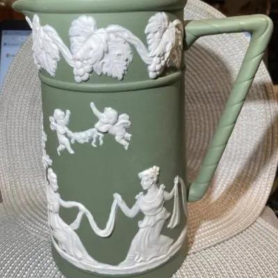 Antique Sage Green Unmarked Base Jasperware Large Pitcher 9" Tall in VG Preowned Condition.