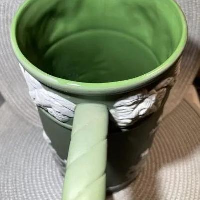 Antique Sage Green Unmarked Base Jasperware Large Pitcher 9" Tall in VG Preowned Condition.