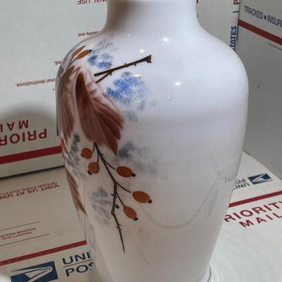 Vintage Hand-Blown Peachblow Style Milk Glass Hand Decorated Vase 8.5" Tall in Good Preowned Condition.
