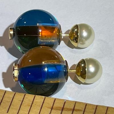 Genuine Pair of Christian Dior "DIOR TRIBALES" Gold Finished Metal & Light Blue Transparent Resin Pearl Earrings in VG...