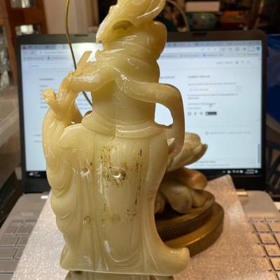 Vintage Asian Blanc De Chine Carved Soapstone Figural Lamp on a Brass Base Figure is in 2 Pieces and has 2 Anchor holes in the Back as...