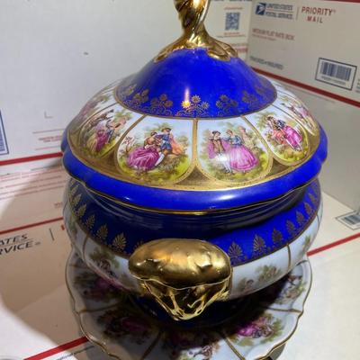 A Scarce Josef Kuba beautiful Cobalt Blue & Gold Love Story/Fragonard lidded Oval Tureen and Underplate made in Bavaria, Germany.