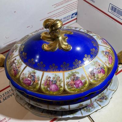 A Scarce Josef Kuba beautiful Cobalt Blue & Gold Love Story/Fragonard lidded Oval Tureen and Underplate made in Bavaria, Germany.