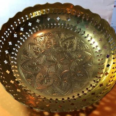 Vintage Solid Brass Filigree 9.75" Diameter Fruit Pedestal Bowl in VG Condition as Pictured.