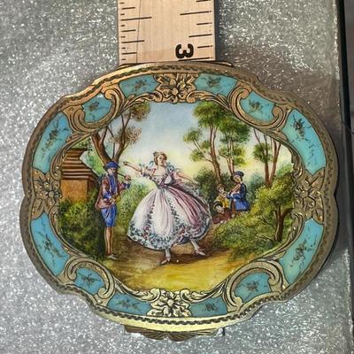 Antique Hand Painted & Guilloche Enamel .800/900/925 Silver "Girl Dancing" Powder Case in VG Preowned Condition.