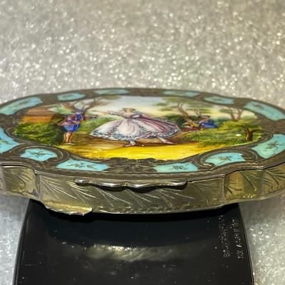 Antique Hand Painted & Guilloche Enamel .800/900/925 Silver "Girl Dancing" Powder Case in VG Preowned Condition.