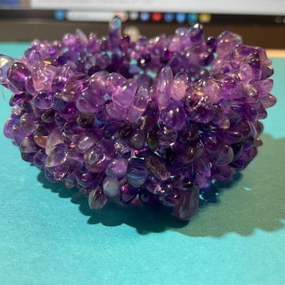 Large/Wide 1-1/2" Amethyst Bead Stretch Bracelet in VG Preowned Condition.