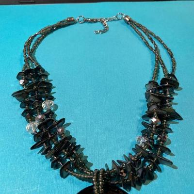 Triple Strand Shell & Bead 16"+ Necklace & Pendant in VG Preowned Condition.