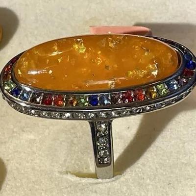 New Never Used 316L Surgical Stainless-Steel Faux Amber Dangling Earrings & Ring Size 10.25 as Pictured.