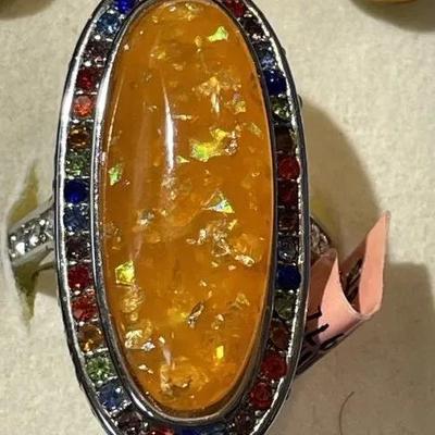 New Never Used 316L Surgical Stainless-Steel Faux Amber Dangling Earrings & Ring Size 10.25 as Pictured.