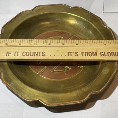 Vintage Asian/Hong Kong Brass Plate with Copper Center Design 8.75" in Diameter as Pic'd.
