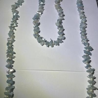 VINTAGE 46" Fashion Sky Blue Color Shell & Pearl Necklace in VG Preowned Condition.