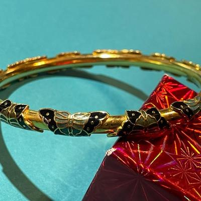 Vintage Brass Bangle Bracelet w/Enameled Applications in VG Preowned Condition as Pictured.