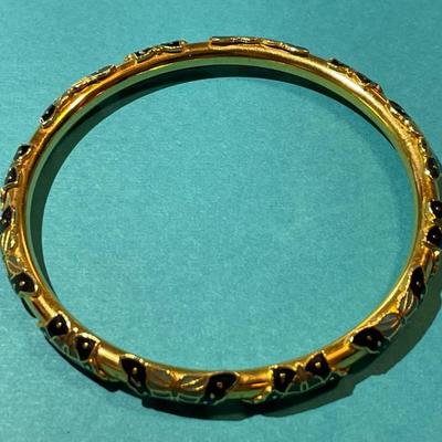 Vintage Brass Bangle Bracelet w/Enameled Applications in VG Preowned Condition as Pictured.