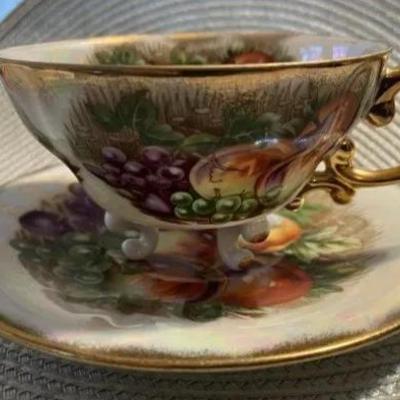 Vintage Royal Sealy China Japan “FRUIT” Three Footed Iridescent Lusterware Teacup and Saucer Set as Pic'd.