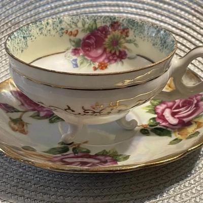 Vintage Royal Sealy China Japan “FLOWERS” Three Footed Teacup and Saucer Set as Pic'd.