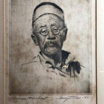 Original Pierre Nuyttens "Chinese Merchant" Etching Frame Size 14.75" x 18.75" Preowned from an Estate as Pictured.