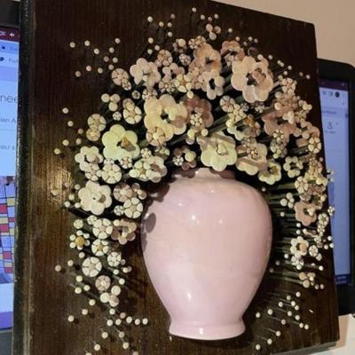 Vintage Nail Flower Art (Pol-O-Craft) Flowers Arranged in a Vase in a 3-D Format as Pictured. Frame Size 9" x 10.