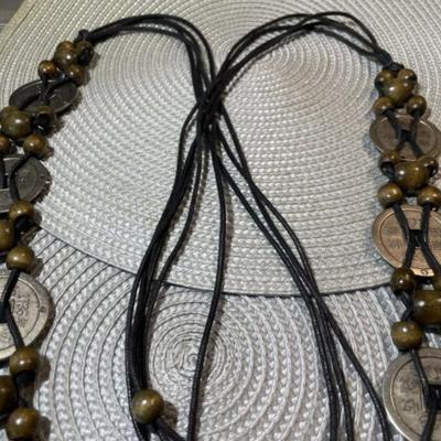 Vintage Steve Madden Beads Faux Chinese Coins Cord Women's Belt Brown Small/Medium in VG Preowned Condition.