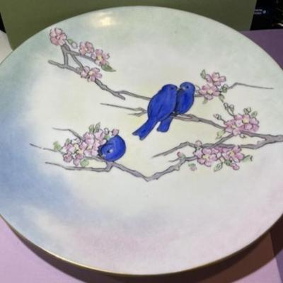 Antique T&V France Limoges Hand Painted Blue Bird Charger Plate 12.25" Diameter in Good Condition.