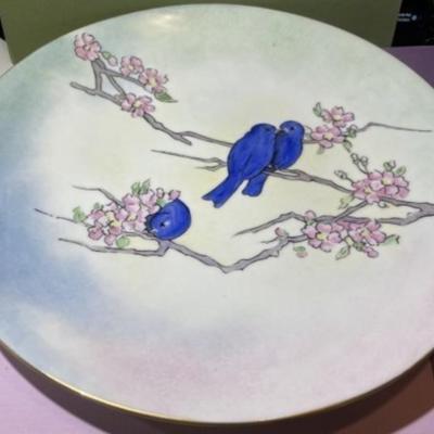 Antique T&V France Limoges Hand Painted Blue Bird Charger Plate 12.25" Diameter in Good Condition.