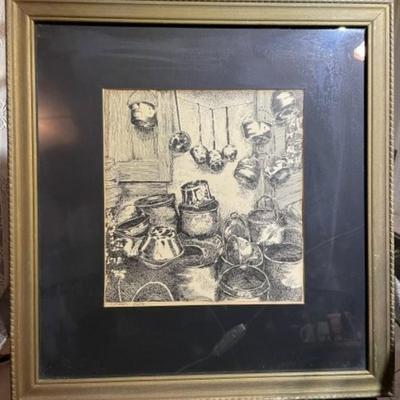Vintage Early Signed C. Miller Limited Edition #5/200 Pots & Pans Print/Lithograph/Etching Preowned from an Estate Frame Size...