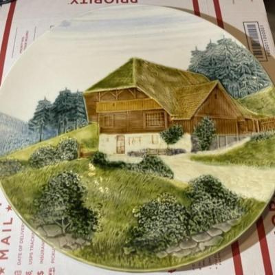 Vintage Germany Majolica Charger 13" Decorative Wall 3-D Plate Mountain Cottage Scenery.