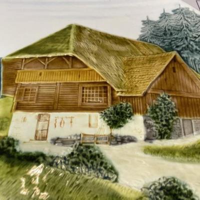 Vintage Germany Majolica Charger 13" Decorative Wall 3-D Plate Mountain Cottage Scenery.