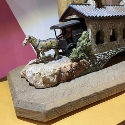 Vintage Amish Wood & Resin Hand Made Horse Buggy/Covered Bridge Scene 10.50" x 15.50" w/Repurposed Wood as Pic'd.