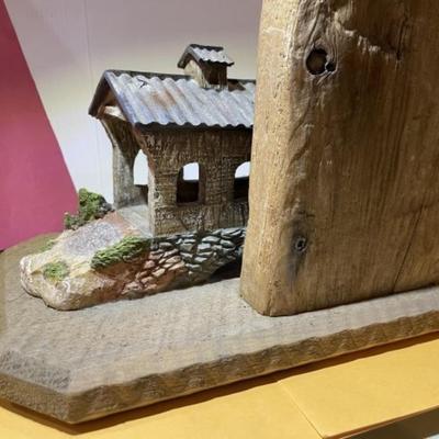 Vintage Amish Wood & Resin Hand Made Horse Buggy/Covered Bridge Scene 10.50" x 15.50" w/Repurposed Wood as Pic'd.