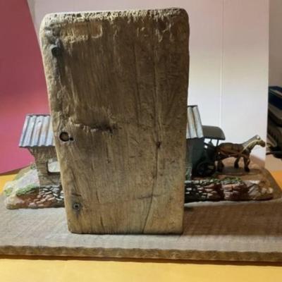 Vintage Amish Wood & Resin Hand Made Horse Buggy/Covered Bridge Scene 10.50" x 15.50" w/Repurposed Wood as Pic'd.