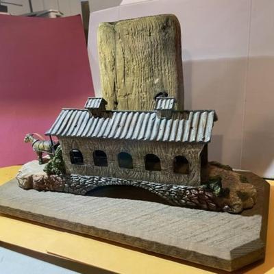 Vintage Amish Wood & Resin Hand Made Horse Buggy/Covered Bridge Scene 10.50" x 15.50" w/Repurposed Wood as Pic'd.