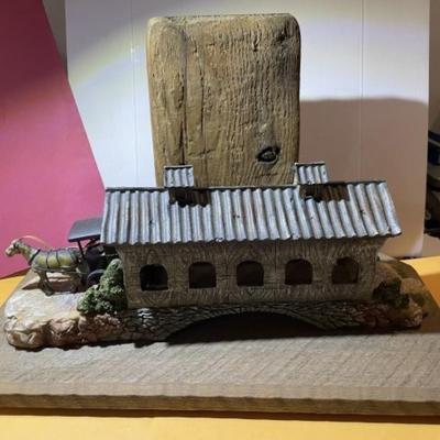 Vintage Amish Wood & Resin Hand Made Horse Buggy/Covered Bridge Scene 10.50" x 15.50" w/Repurposed Wood as Pic'd.