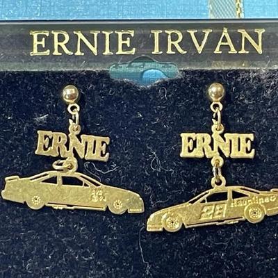New Never Used Ernie Irvan Pierced Gold-tone Surgical Steel NASCAR Car Stud Earrings Made in USA as Pictured.