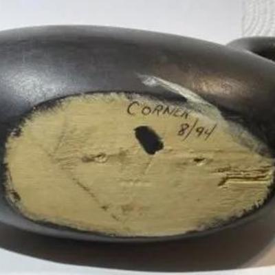 Vintage Solid Wooden Duck/Goose Decoy Signed Corner 14.5" Long Dated 1974 in Good Preowned Condition.