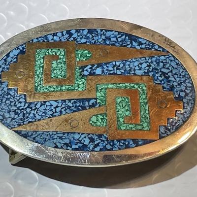 Vintage Mexican COPPER & TURQUOISE Particles Inlayed Belt Buckle Oval Silver-toned Shaped 2-1/2" X 3-1/2" in Good Preowned...