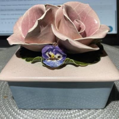 Vintage Mid-Century Capodimonte Floral Trinket Box 5" x 5" in Good Preowned Condition as Pic'd.