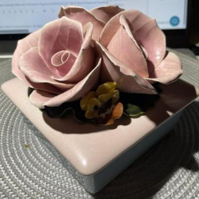 Vintage Mid-Century Capodimonte Floral Trinket Box 5" x 5" in Good Preowned Condition as Pic'd.