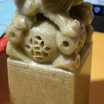 Vintage Heavy Chinese Carved Soapstone Artwork Ink Stamp Larger Size as Pictured.