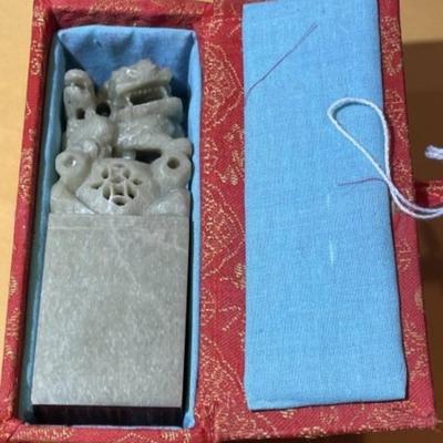 Vintage Heavy Chinese Carved Soapstone Artwork Ink Stamp Larger Size as Pictured.